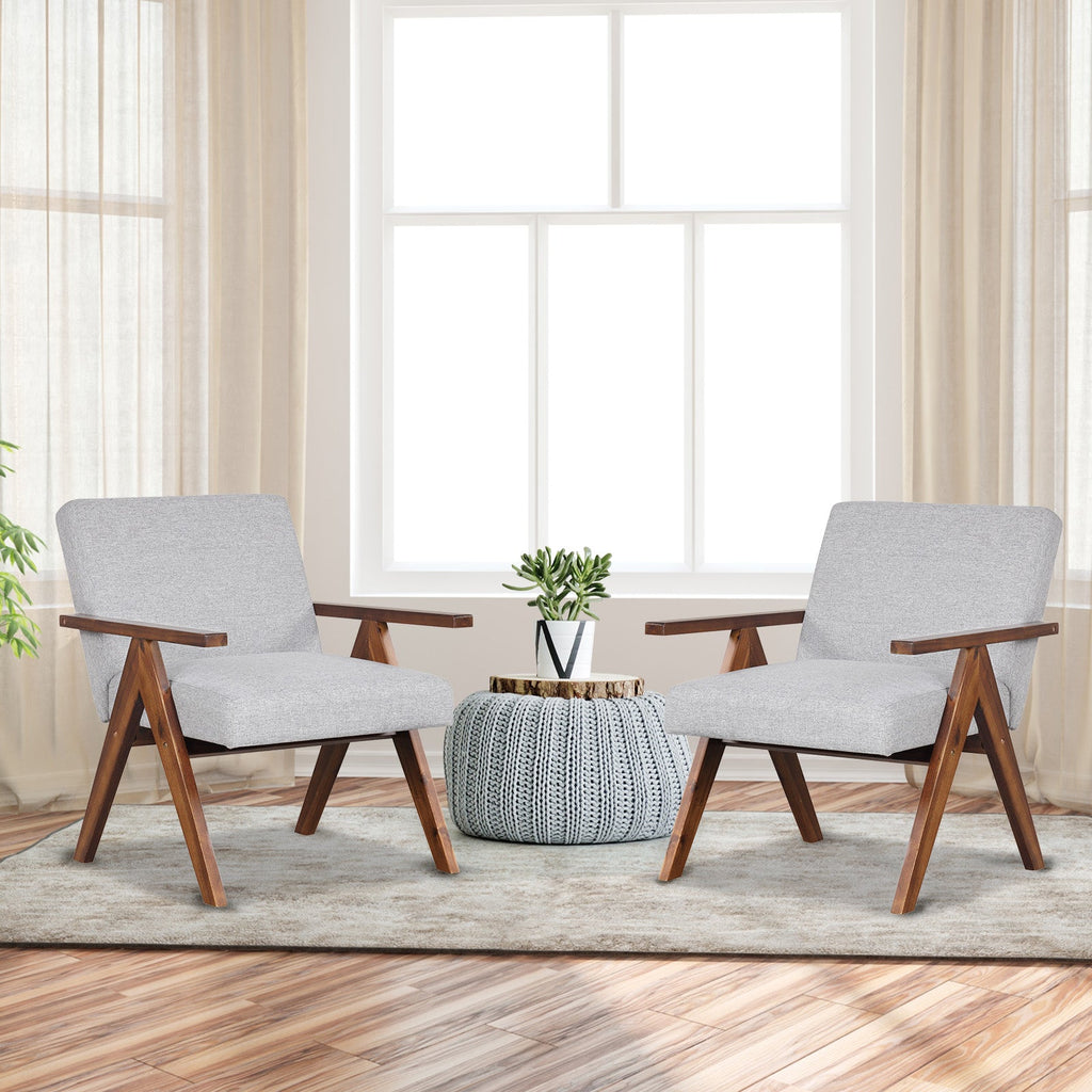 Modern Accent Chair Linen Fabric Armchair with Solid Acacia Wood Frame